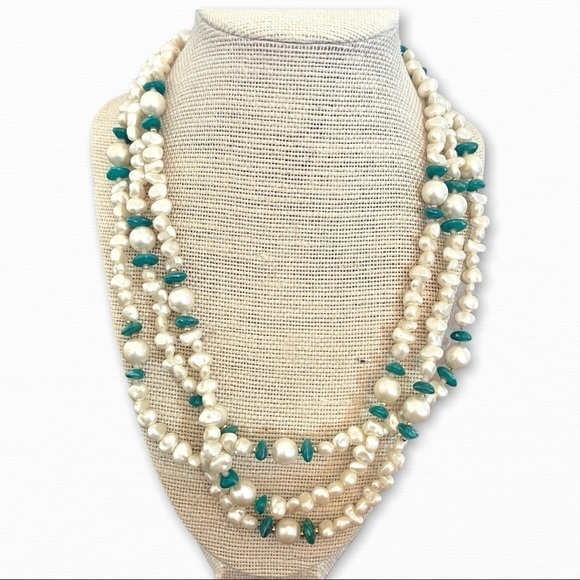 Long Imitation Pearl and Turquoise Beaded Necklace - Picture 1 of 9